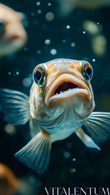 Close frontal view shows single fish suspended in water