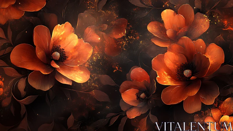 Luminous Crimson Blooms with Particle Effects Against Dark Background