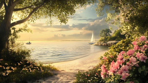 Golden sunset sailboats drift along a tranquil flowered cove