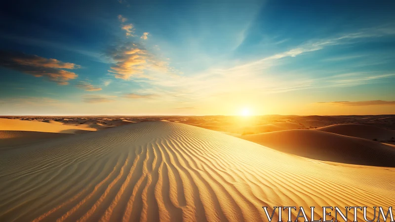 Desert sunrise over rippled sand dunes under vivid sky.