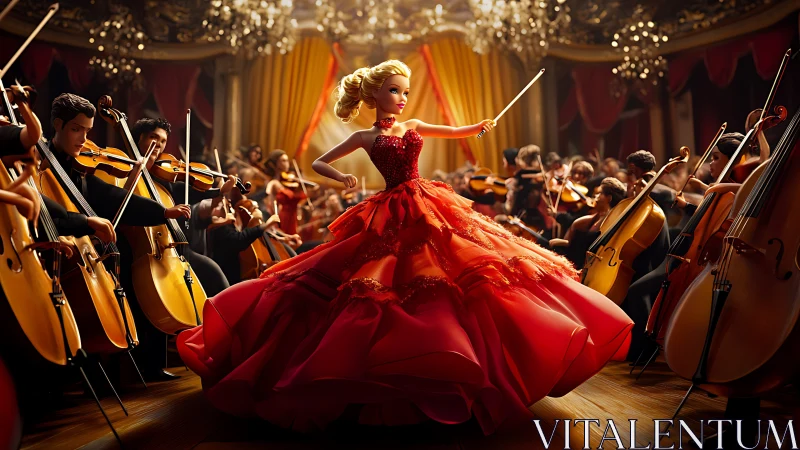 Female conductor in red gown leads orchestra in ornate hall