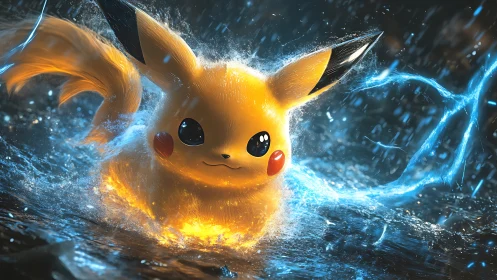 Electric creature charges through rainlit water in battle
