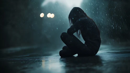 Solitary figure seated in rain on reflective night roadway.