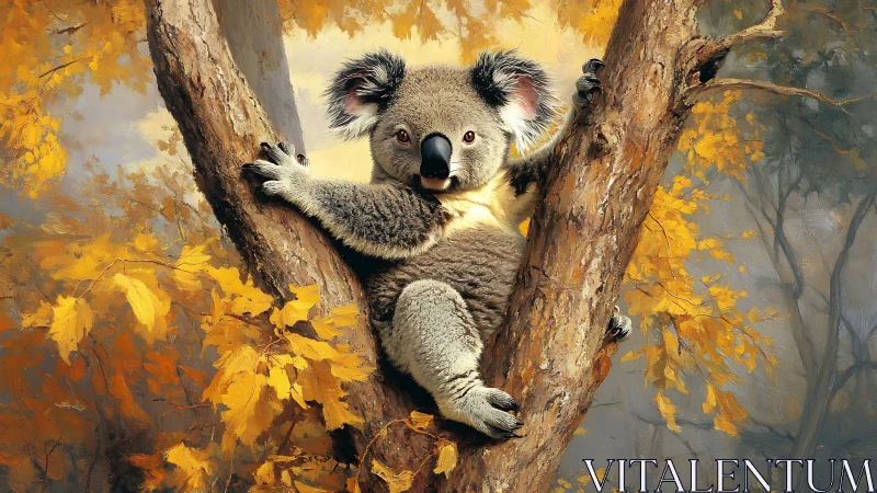 Koala clinging to tree amid yellow autumn foliage.