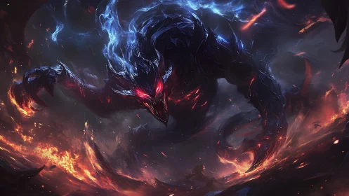 Demonic shadow titan over burning battlefield stormscape.