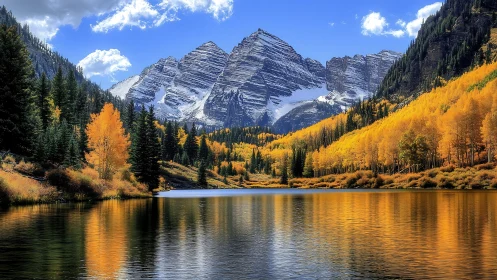 Golden autumn lake beneath snow crowned mountain peaks.
