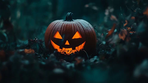 Glowing jack-o-lantern rests in moody forest dusk scene.