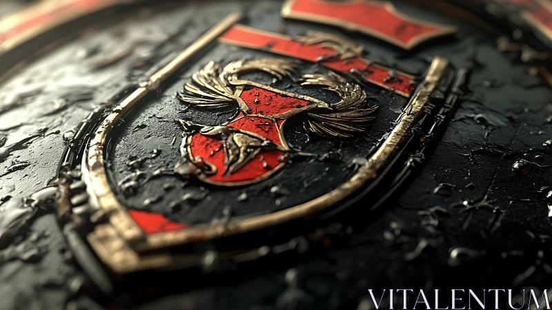 3D heraldic crest with weathered metallic relief detailing.
