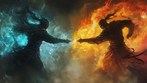 Elemental warriors in opposing blue and orange fire clash.