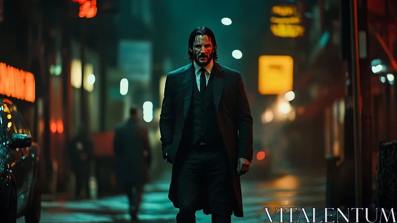 Brooding suited man strides through neon city street at night.