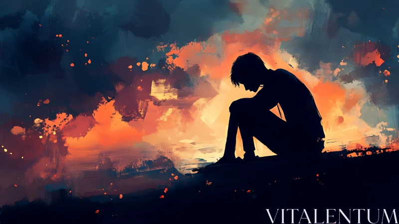 Quiet silhouette resting inside a storm-bright sunset sky.