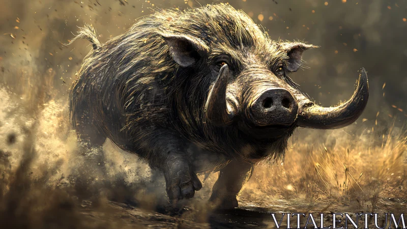 Dynamic wild boar charge in dust-laden cinematic backlight.