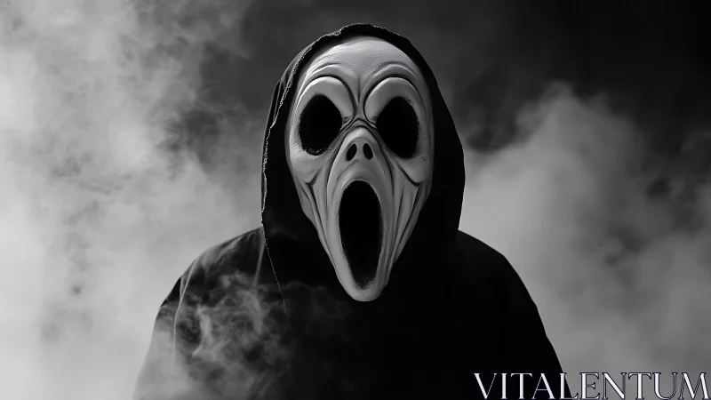 Hooded nightmare specter screaming through silver fog.