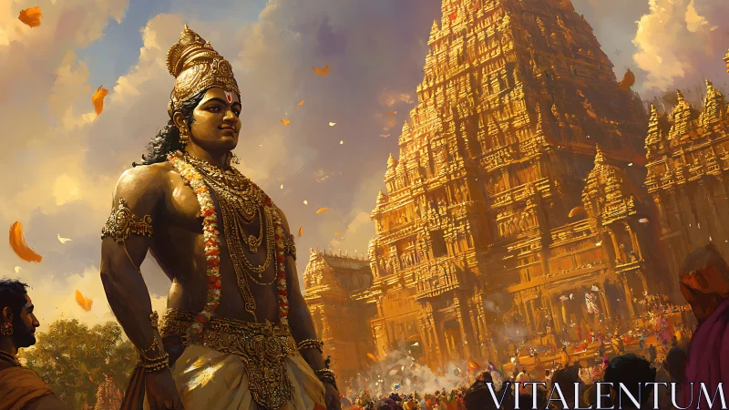 Mythic temple guardian before towering golden gopuram.