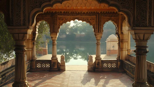 Ornate stone pavilion overlooking calm lakeside water.