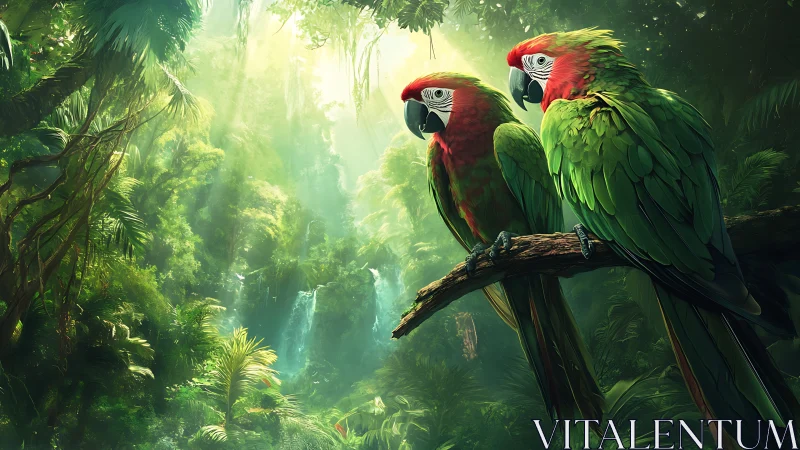 Scarlet green macaws perched in humid backlit jungle canopy