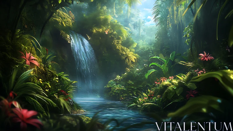 Lush jungle waterfall flows into calm, reflective stream