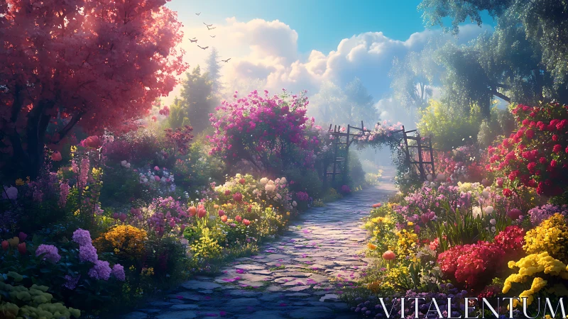 Flower lined stone path in bright colorful garden scene.