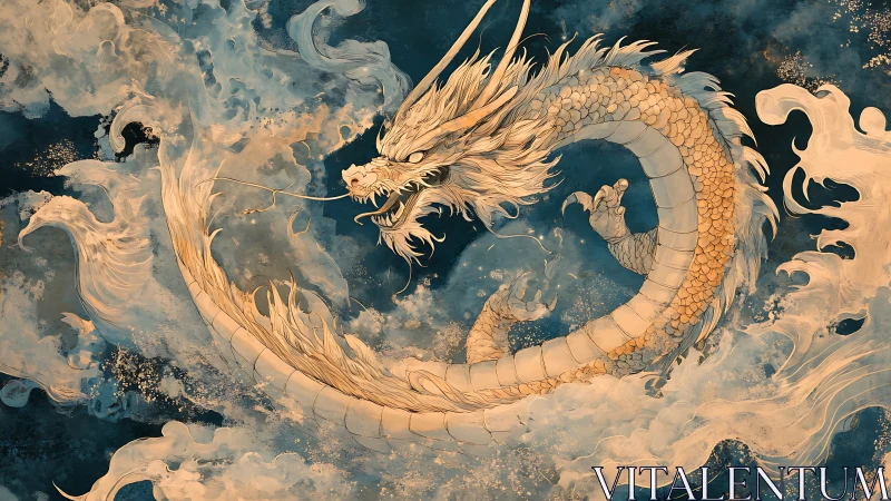 Coiled eastern dragon swirling through blue storm clouds.