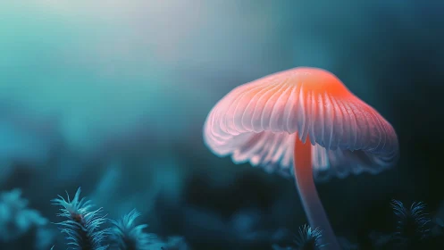 Luminous coral mushroom glowing in a misty teal forest dusk.