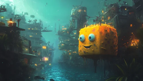 Cheerful cube spirit drifting through neon swamp cityscape.