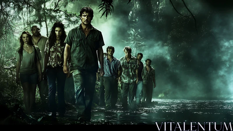 Storm-worn survivors marching through a haunted emerald swamp.