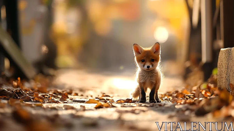 Curious baby fox stands on a sunlit leaf-strewn pathway.