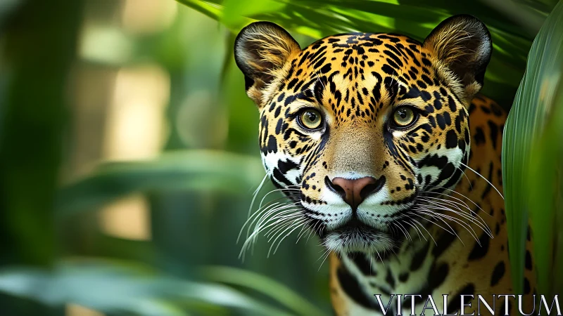 Jaguar gazes through lush jungle leaves in vivid focus