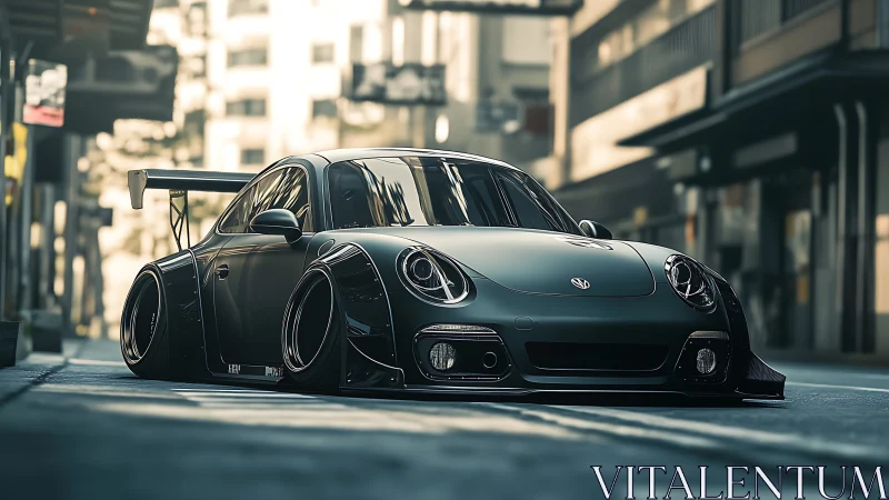 Sleek custom sports car resting confidently in a quiet city street.