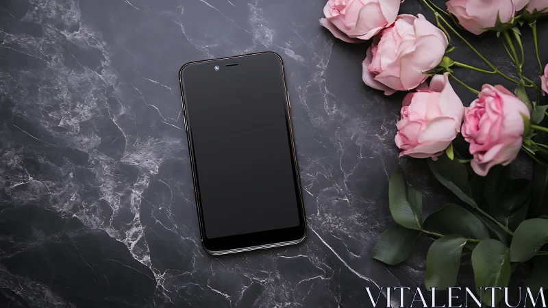 Smartphone on marble surface with pastel roses arrangement.