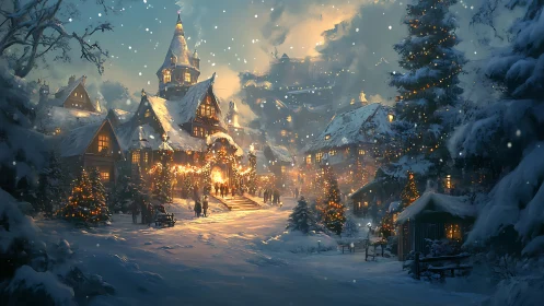 Snow covered village street with illuminated winter houses.