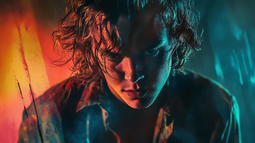 Storm-lit portrait of a brooding dreamer in neon glow.