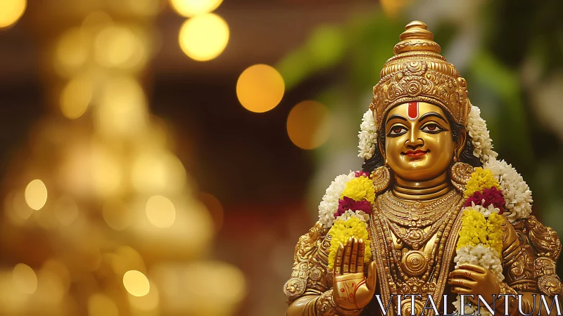 Golden deity smiles softly while garlands bloom in light