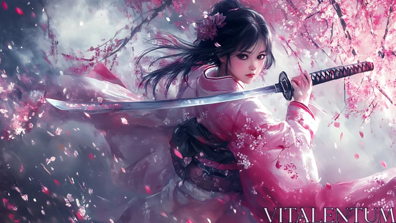 Digital painting samurai heroine amid swirling sakura petals.