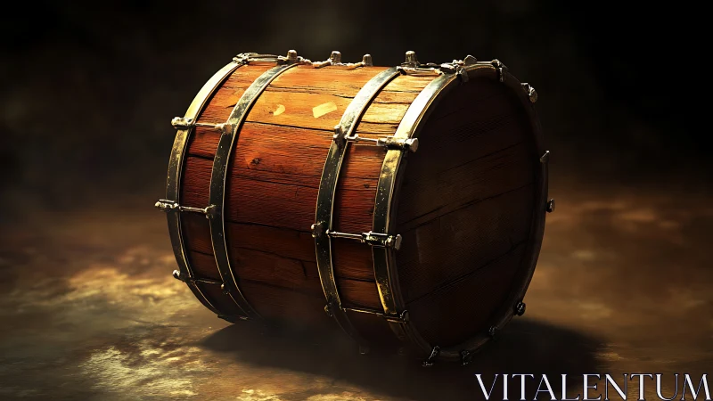 Vintage wooden bass drum under dramatic studio spotlight.