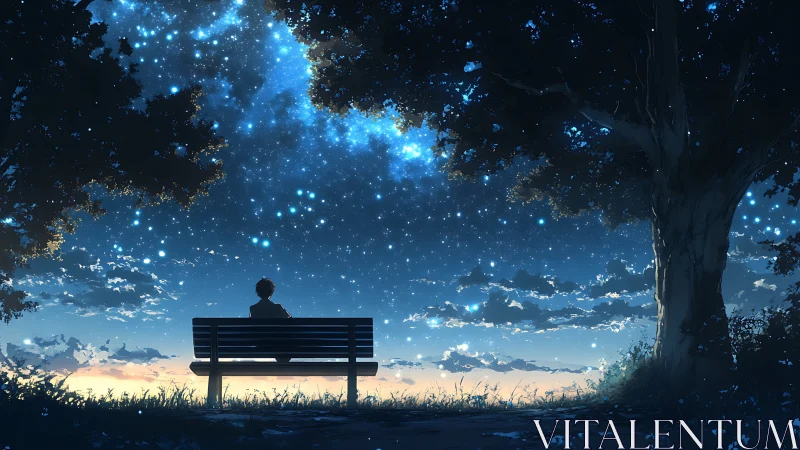 Solitary figure on bench gazes into a vast starlit sky.