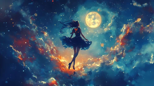 Moonlit dreamer drifting through a painted cosmic sky.
