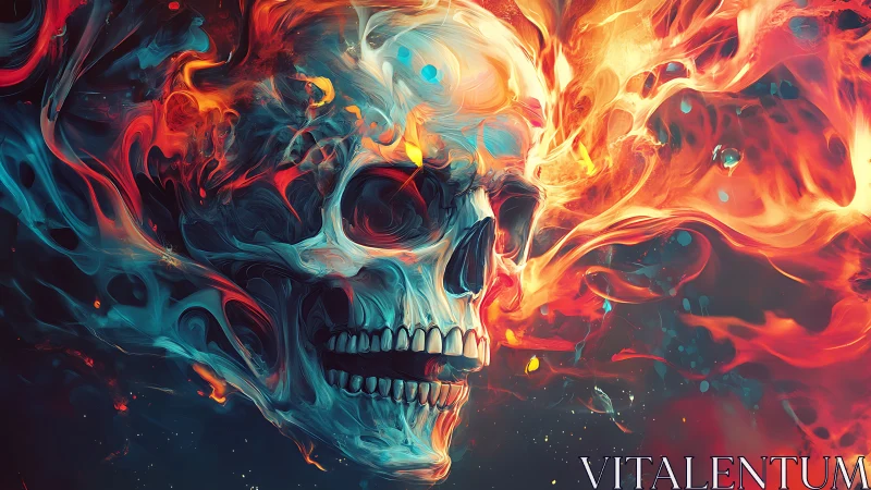 Flaming human skull with swirling abstract fire forms.
