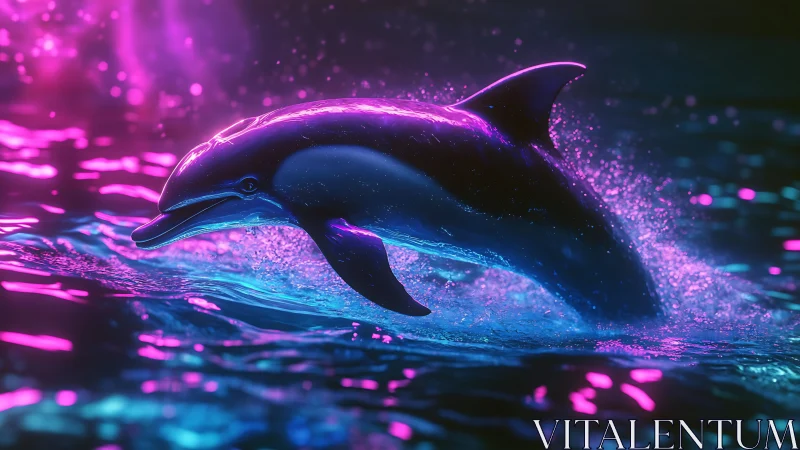 Neon-lit dolphin surges through glowing cyber ocean night
