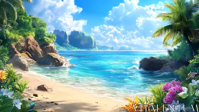 Tropical Paradise Beach Cove with Limestone Formations and Vibrant Flora