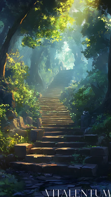 Sunlit Forest Stairway with Golden Canopy.