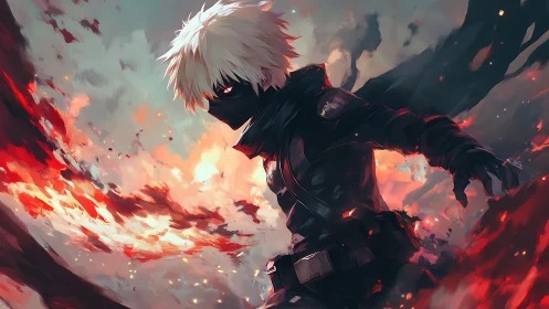 Masked white-haired warrior commands swirling crimson fire.