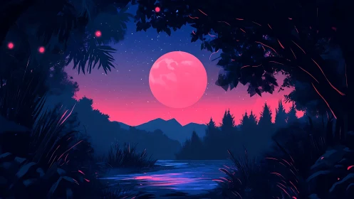 Neon moonrise over tranquil river in glowing forest twilight.