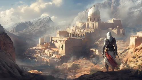 Hooded warrior surveys sunlit desert citadel in vast canyon