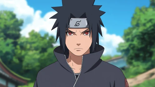 Stoic anime ninja in dark cloak under a summer sky.