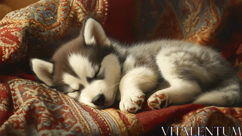 Sleepy husky puppy curls up on a patterned cozy blanket