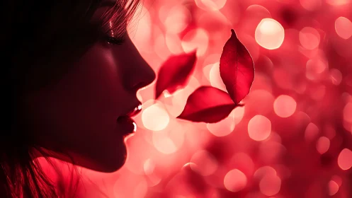 Soft silhouette and drifting red leaves in glowing light.