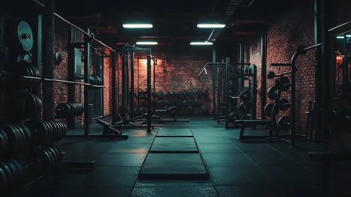 Weightlifting equipment occupies a dim industrial style gym