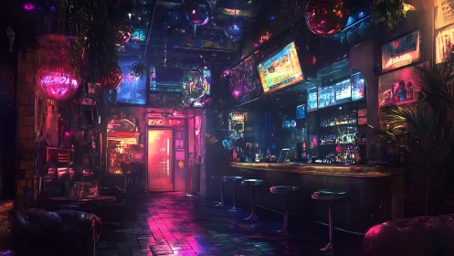 Neon cyberpunk bar interior with glowing holographic decor.