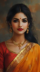 Elegant Indian woman in silk saree with ornate gold jewelry
